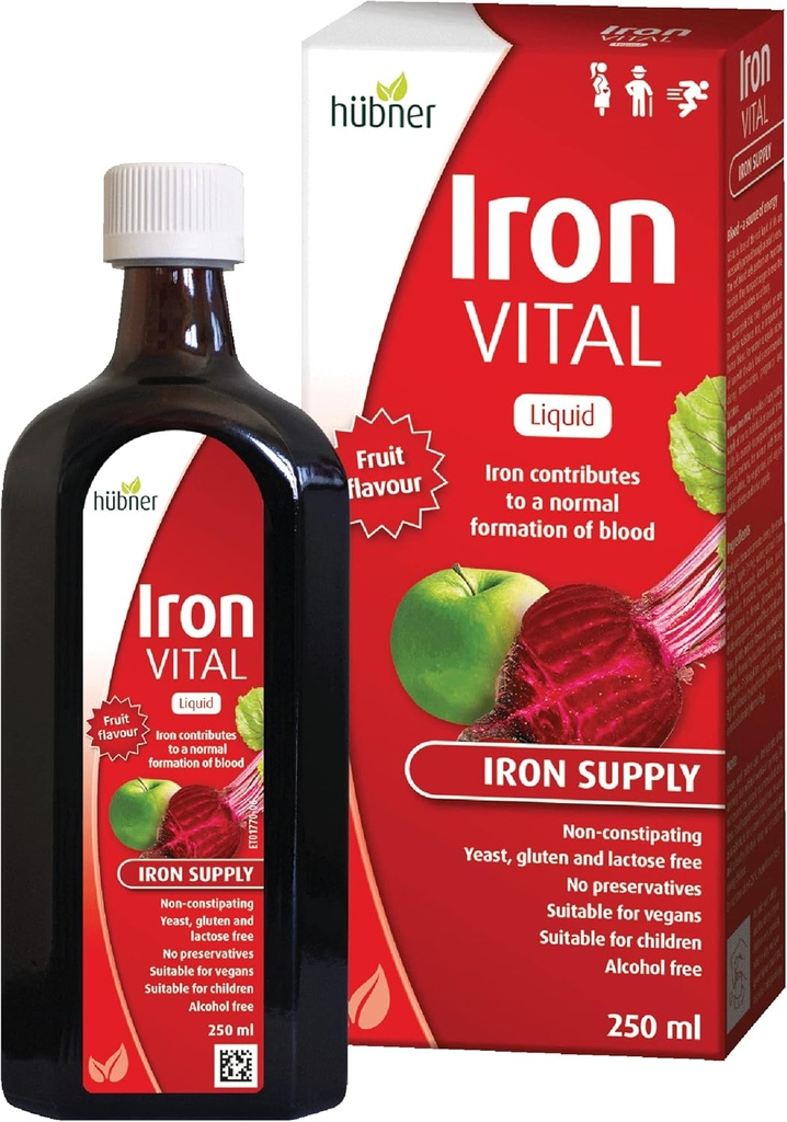 Hübner Iron Vital Liquid Iron Supply Plus C-vitamin, Kosttilskud til voksne og børn, Vegansk og Gluten- fri, Frugt Flavor, 250 ml flaske, 25 Servering