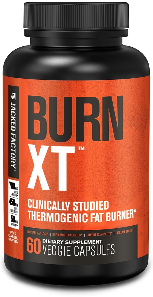 Jacked Factory Burn- XT Klinisk Studerede Fat Burner & Vægttab supplement - Appetite Suppressant & Energy Booster - med Acetyl L- Carnitin, Green Tea Extract og mere - 60 naturlige kost piller