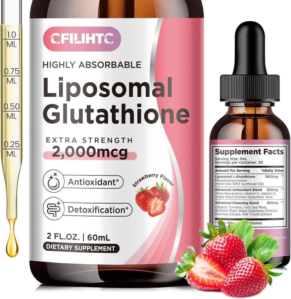 Liposomal Glutathione Liquid Drops, Glutathione Liquid Supplement, Active Form L - Glutathion, med vitamin C, Lever Detox, Antioxidant til Anti- Aging, Immun & Cleansing, Strawberry Flavor, 2 FLLOZ