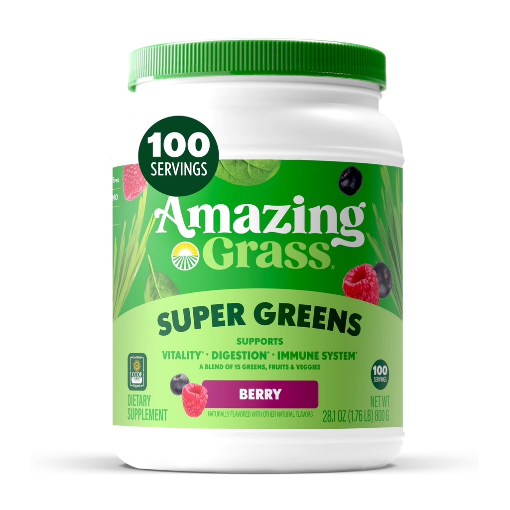 Amazing Grass Green Blend Superfood: Super Green Powder med Spirulina, Chlorella, Beet Root Powder, Digitale enzymer, Prebiotics & Probiotics, Berry, 100 Servere (Packaging May Vary)
