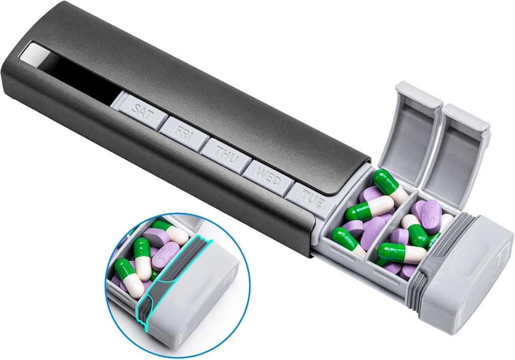 Daviky Metal Travel Pill Organizer, Premium Aluminium Pill Box 7 Dag, Ugentlig Daglig Pill Case, Stilfuld & Cute Pill Holder til medicin, kosttilskud og vitaminer (Gray)