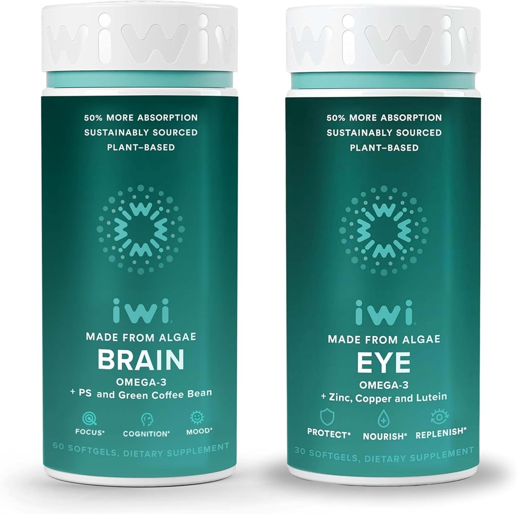 Iwi Life Brain & Eye Omega-3 Bundle, 30 Servings, Vegan Plant-Based Algae Omega 3 with EPA + DHA, Krill & Fish Oil Alternative, No Fishy Aftertaste