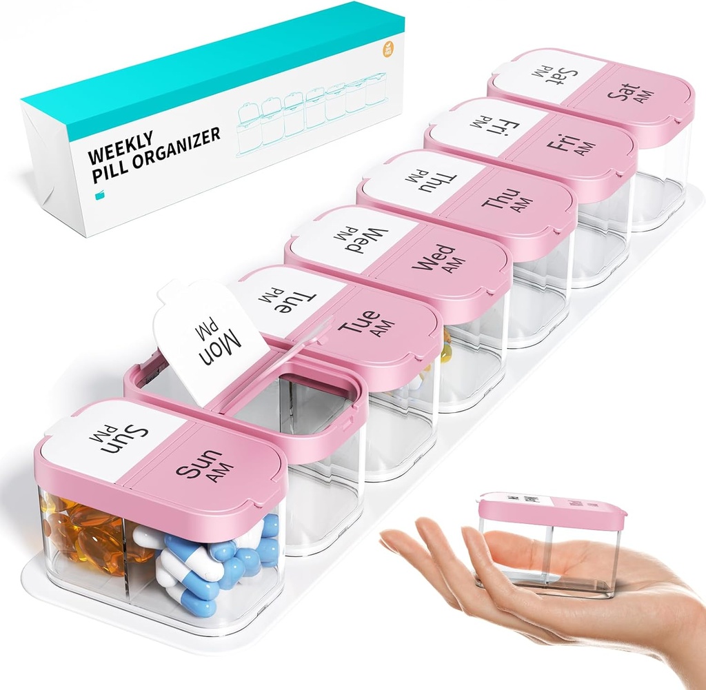 Odaro Ekstra Stor Ugentlig Pill Organizer 2 gange en dag, Pill Box 7 dag Am Pm at holde daglig medicin Vitamin og kosttilskud - Pink