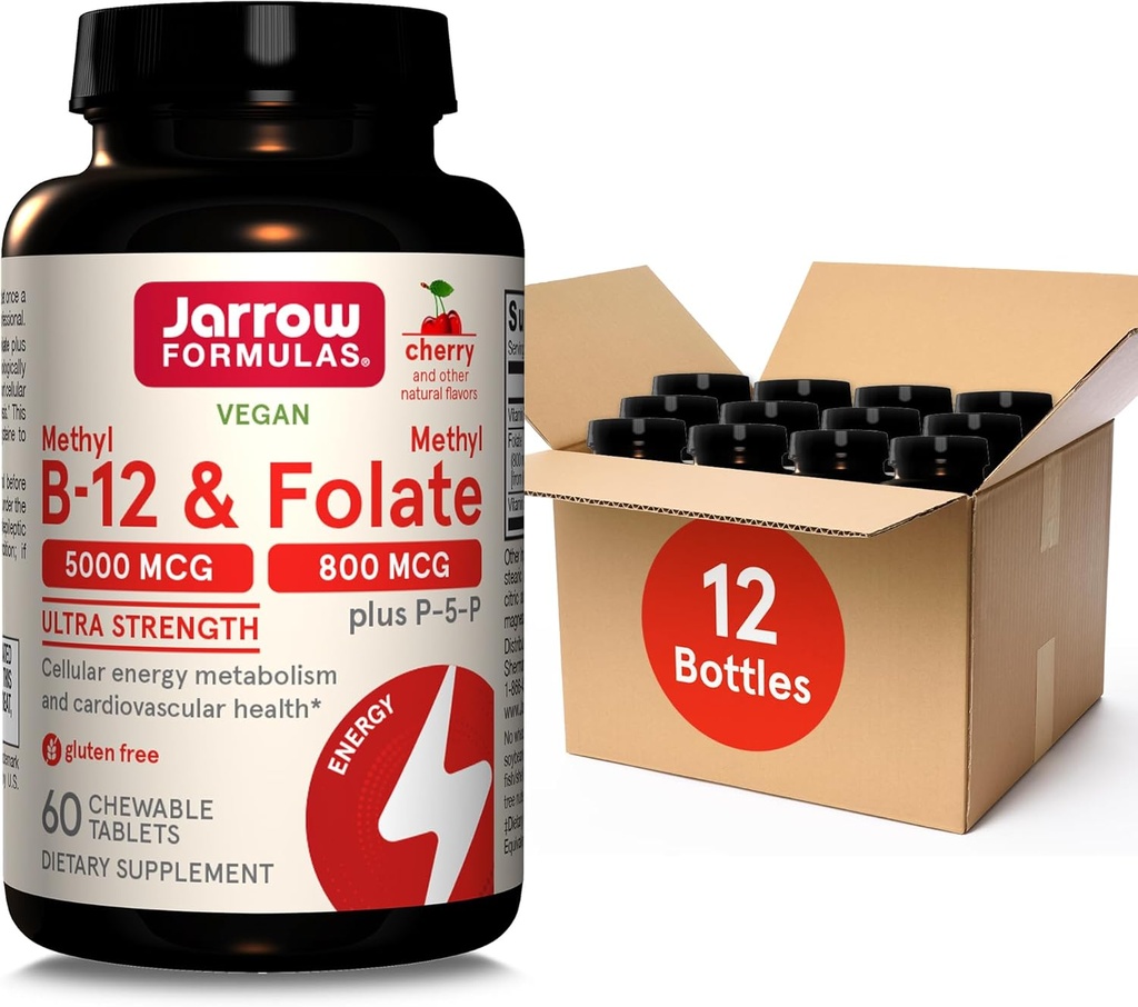 Jarrow Formulas Ultra Strength Methyl B- 12 5000 mcg & Methyl Folate 800 mcg + P- 5- P, Supplement for cellulær energi Metabolisme og cardiovaskulær Support, 60 tyggetabletter, 60 dages forsyning, 12 pakker
