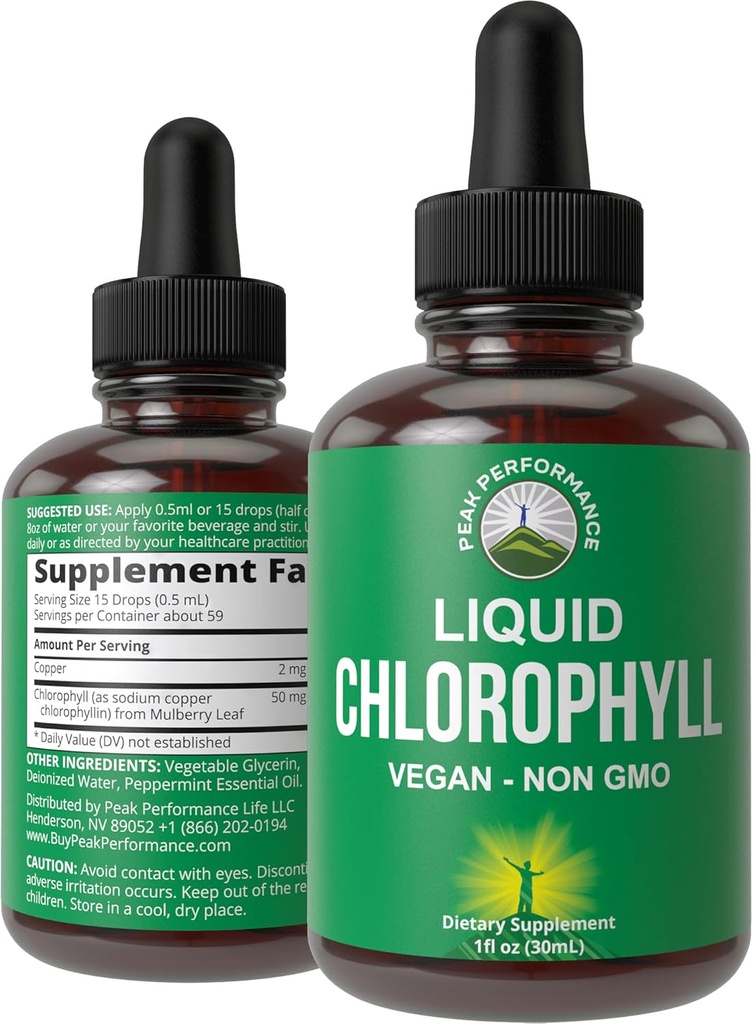 Chlorophyll Liquid Drops - Ultra High Renhed, Alkoholfri, Non- GMO, Gluten Free Liquid Chlorophyll Drops Supplement. Tag med Vand. Intern deodorant + hudpleje, immunforsvar og fordøjelsesstøtte