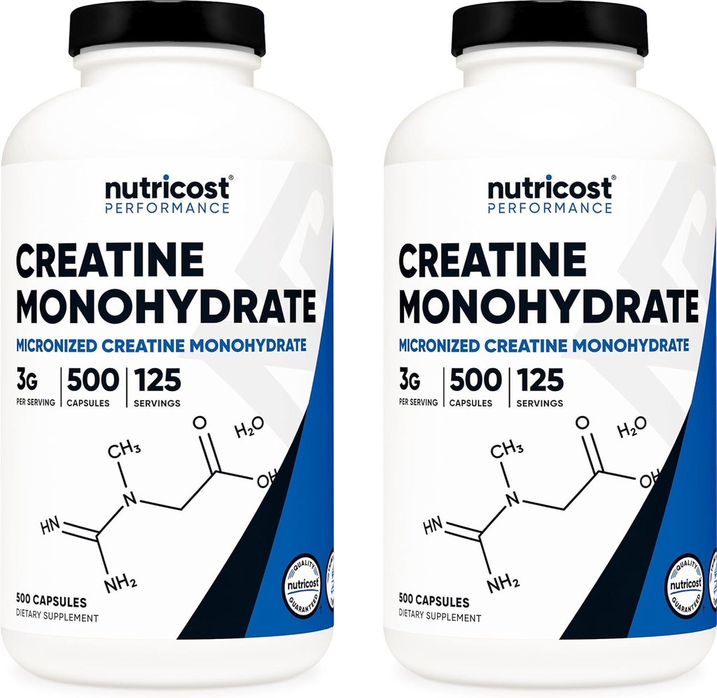 Nutricost Creatinine Monohydrat 300 mg Servering, (750 mg per kapsel), 500 kapsler (2 flasker)