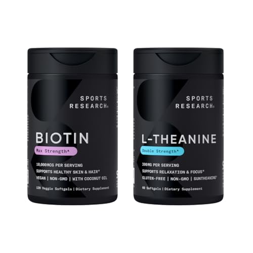 Sports Research Vegan Biotin 10,000mcg med kokos Olie Max Strength Vitamin B7 120 Softgels (4 Måned Supply) og Double Strength L- Theanine Supplement for Focus, Afslapning & Alerness 200mg 60 Tæl