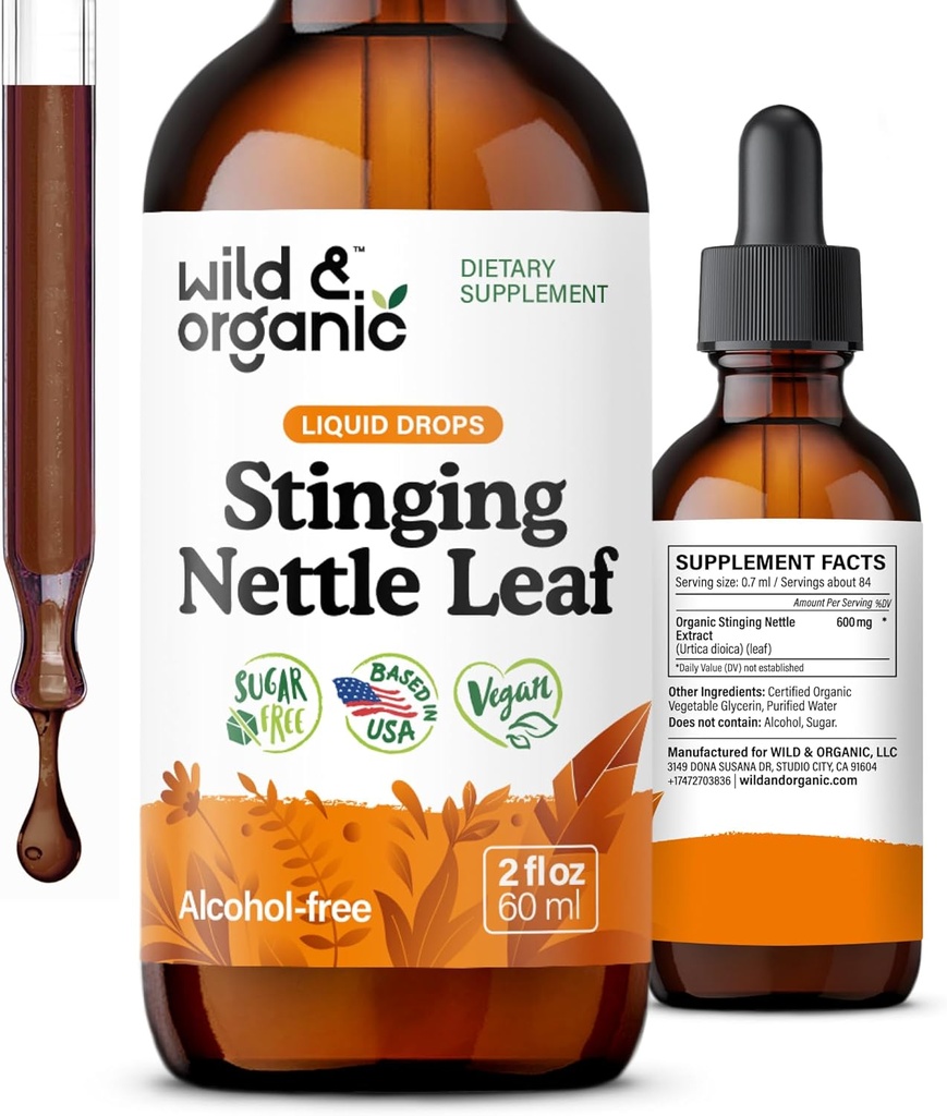 Wild & Organic Stinging Nitle Leaf Extract Drops - Urinary Tract Support - Flydende Stinging Nitle Supplement - Urtica Dioica Tincture - 2 - Måned Supply - Vegan, Sugar & Alcohol- Free - 2 fl oz