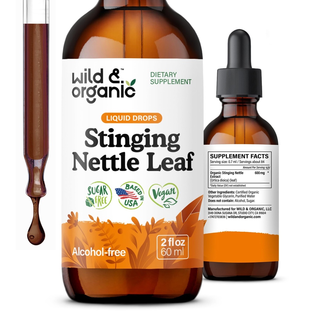Wild & Organic Stinging Nitle Leaf Extract Drops - Urinary Tract Support - Flydende Stinging Nitle Supplement - Urtica Dioica Tincture - 2 - Måned Supply - Vegan, Sugar & Alcohol- Free - 2 fl oz