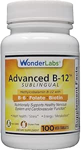 Wonder Laboratories Sublingual Vitamin B12 (1000 mcg), B6 (5mg), Folinsyre (400 mcg) & Biotin (25mcg) - Formuleret med Methylcobalamin Vitamin B- 12 (100 tabletter)