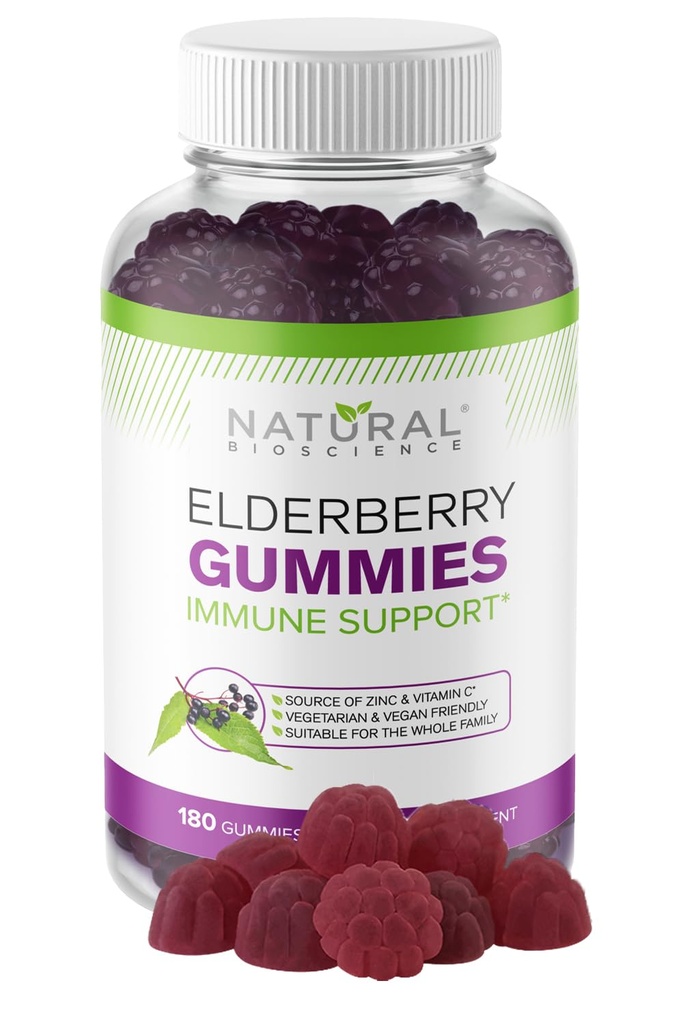 Naturlig BioScience Sambucus Elderberry Gummies med C-vitamin & zink, immunforsvar for voksne & børn, Daglig Antioxidant & Wellness Boost, 180 Vegan, Glutenfri, Chewable Elderberry Gummies