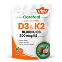 VEV Corefeel D3 K2, 10.000 IE D3, 200mcg K2 (med MK7), understøtter ben og tænder sundhed, Dual Nutrient Support til daglig wellness, Let at synke - 300 kapsler