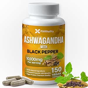 Ashwagandha kapsler, 150 Vegankapsler, 10,100 Mg per kapsel - 100% Natural Ashwagandha Root Extract Powder and Black Pepper Extract, Non- GMO, Gluten- Free