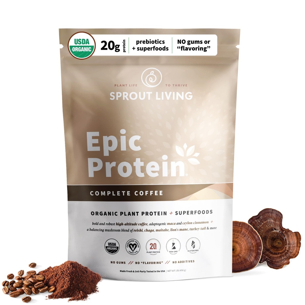 Spraut Living, Epic Protein, Plant Based Protein & Superfoods Powder, Komplet Kaffepulver 124; 20 Grams Organic Protein Powder, Adaptogens, Svampe, Vegan, Non- GMO, Gluten Free (1 Pound, 12 Servere)
