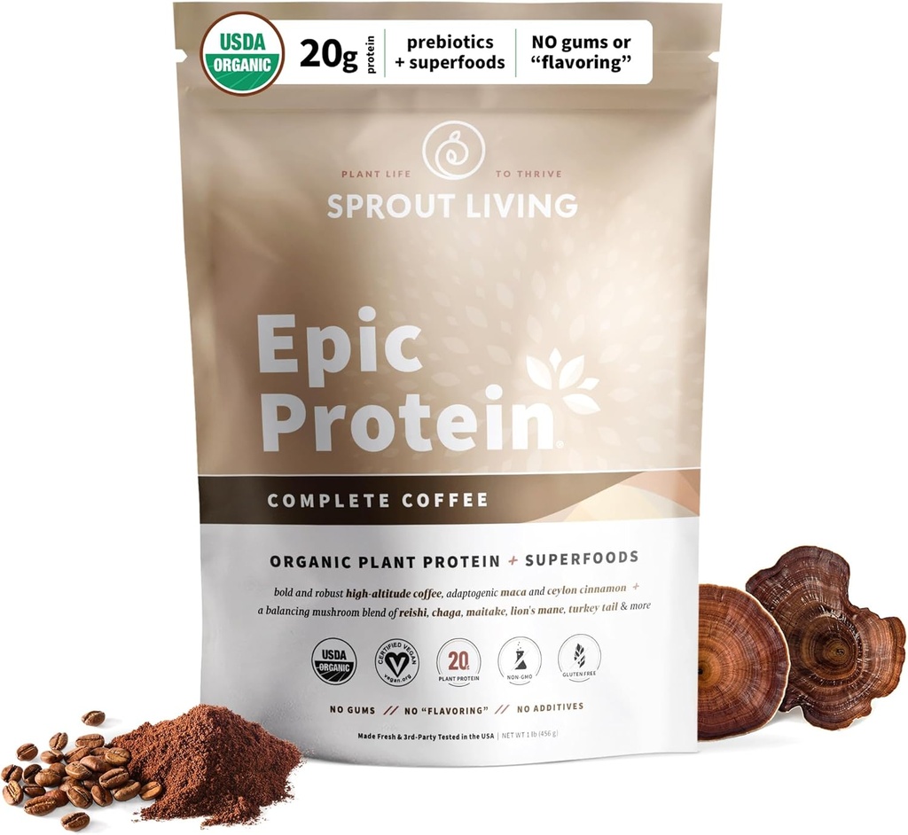 Spraut Living, Epic Protein, Plant Based Protein & Superfoods Powder, Komplet Kaffepulver 124; 20 Grams Organic Protein Powder, Adaptogens, Svampe, Vegan, Non- GMO, Gluten Free (1 Pound, 12 Servere)