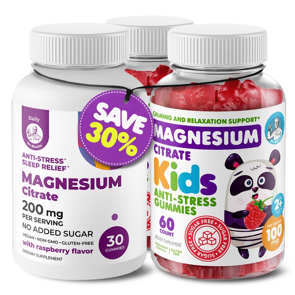 DR. MORITZ Magnesium Bundle - Gummies for Adults (200mg, 30 Count) and Kids Magnesium Gummies (60 Count, 2 Pack) - Sugar-Free