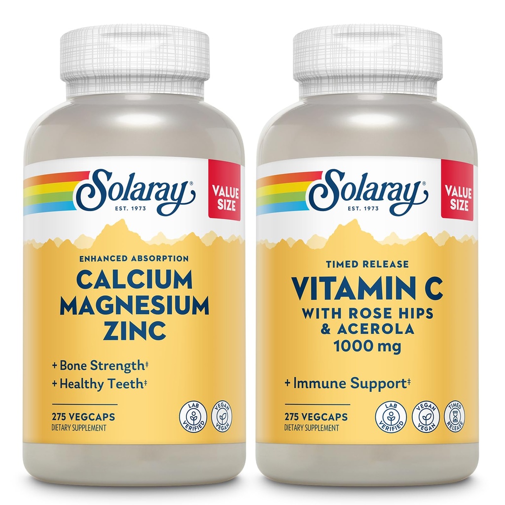 SOLARAY Calcium Magnesium Zink og Timed Release Vitamin C - Bone Health, immunforsvar Bundle, 1000mg Calcium, 500mg Magnesium, 1000mg C-vitamin Supplement, Vegan, 60- dag garanti, 275 VegCaps hver