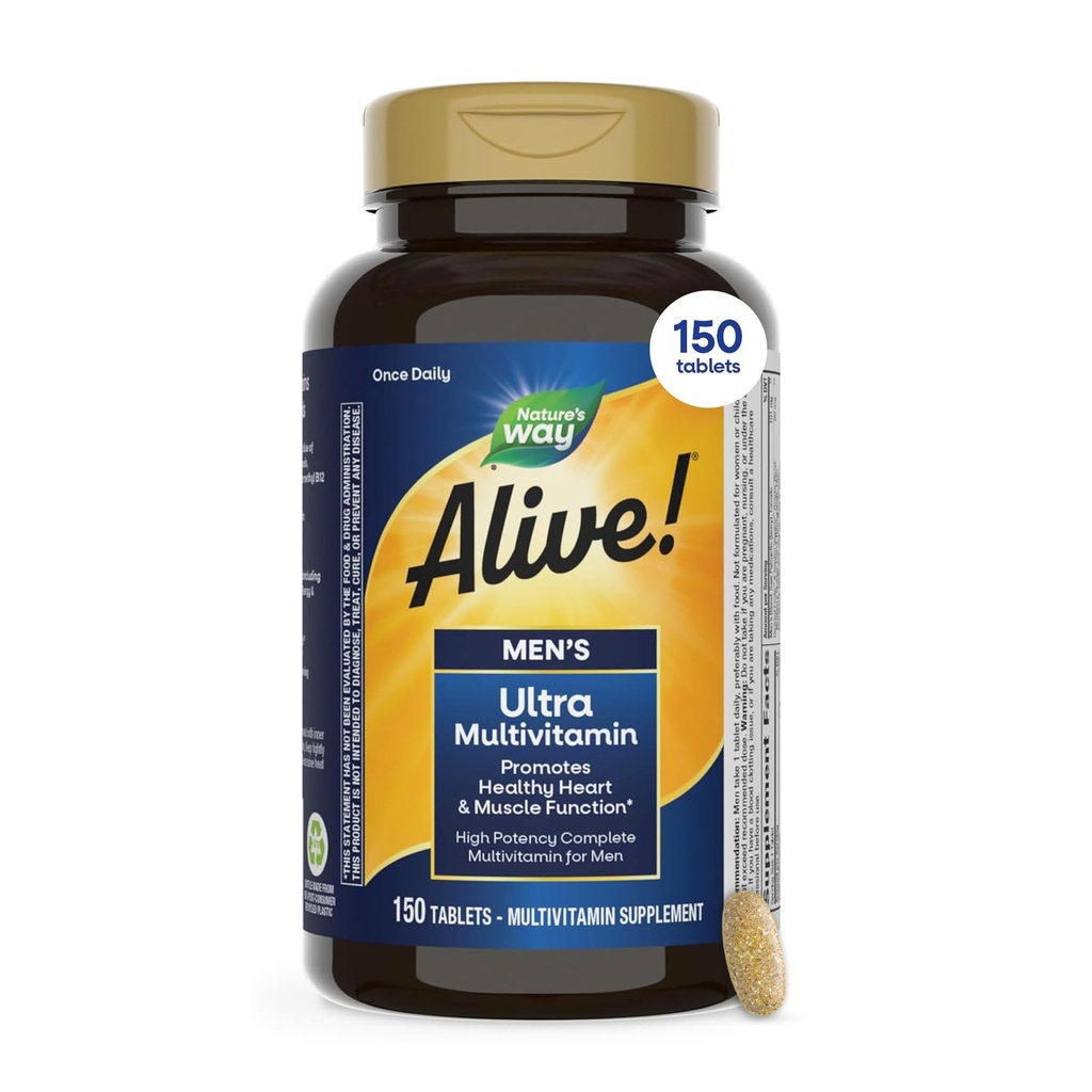 Naturen er i live! Mænds Daily Ultra Multivitamin, High Potency Formel, fremmer hjerte & muskelfunktion *, med Metyleret Vitamin B12, Gluten Free, 150 tabletter