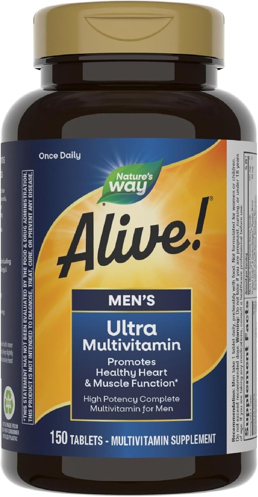 Naturen er i live! Mænds Daily Ultra Multivitamin, High Potency Formel, fremmer hjerte & muskelfunktion *, med Metyleret Vitamin B12, Gluten Free, 150 tabletter