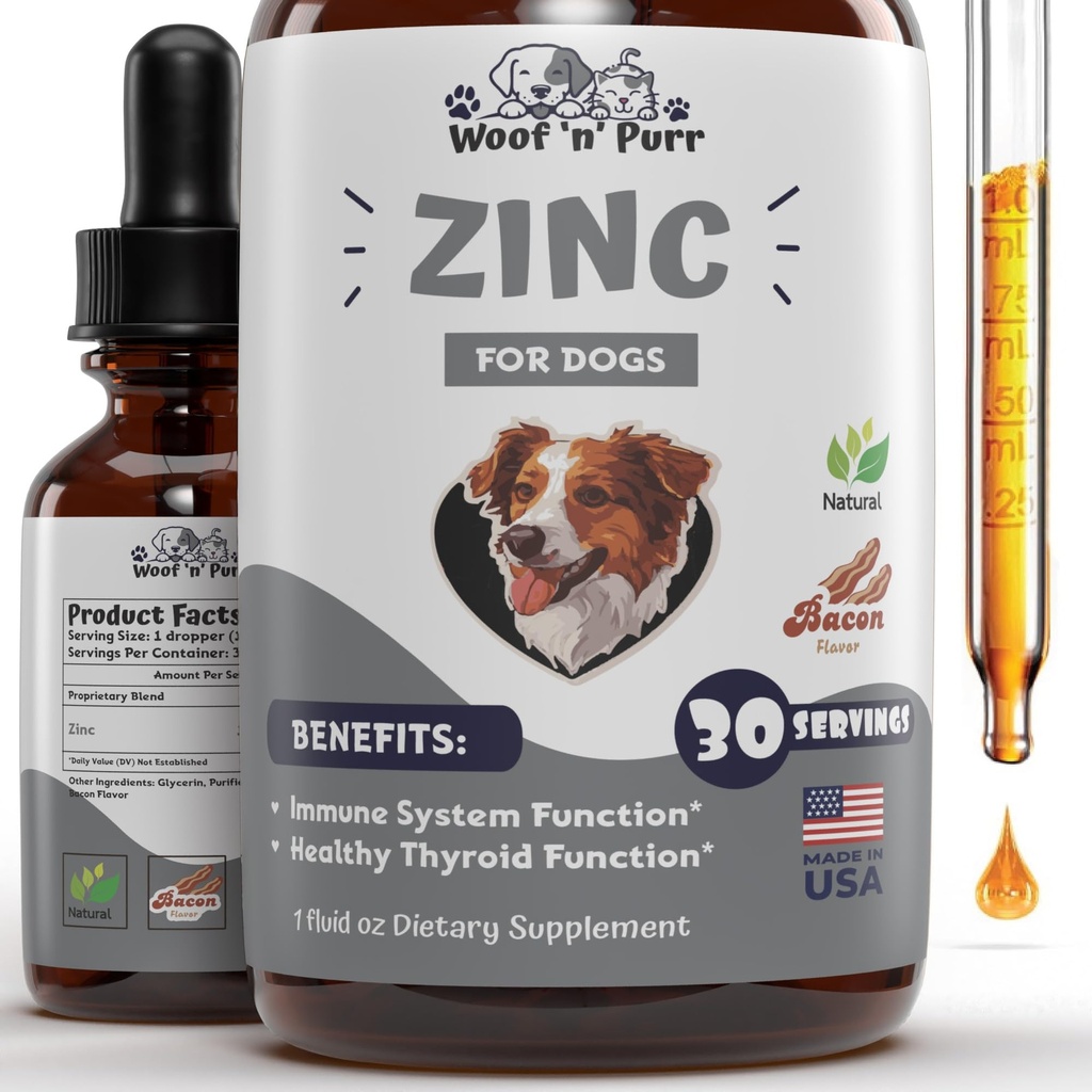 Zink til hunde - Hund Zink supplement - Hjælper med at støtte sund hud, Coat, immunforsvar & mere - Hund Zink - Hund Skin og Coat supplement - Hud og Coat supplement til hunde - 1 fl oz - Bacon Flavor