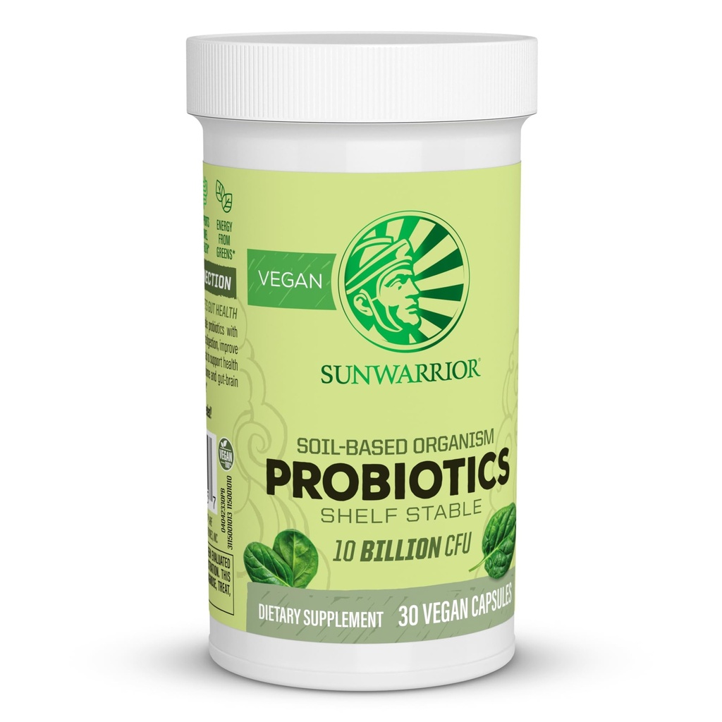Sunwarrior Probiotika Soil- baserede Vegan Kapsler Note 124; 10 milliarder CFU til fordampning Soy Free Gluten Free Dairy Free