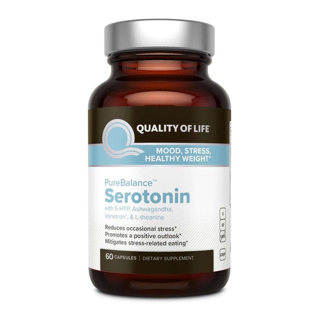 Livskvalitet Ren Balance Serotonin Premium- Hjælper Boost Serotonin & Cortisol Niveauer - Inkluderer 5-HTP, Venetron, Sensoril, D3- vitamin & L- Theanine- 60 Kapsler