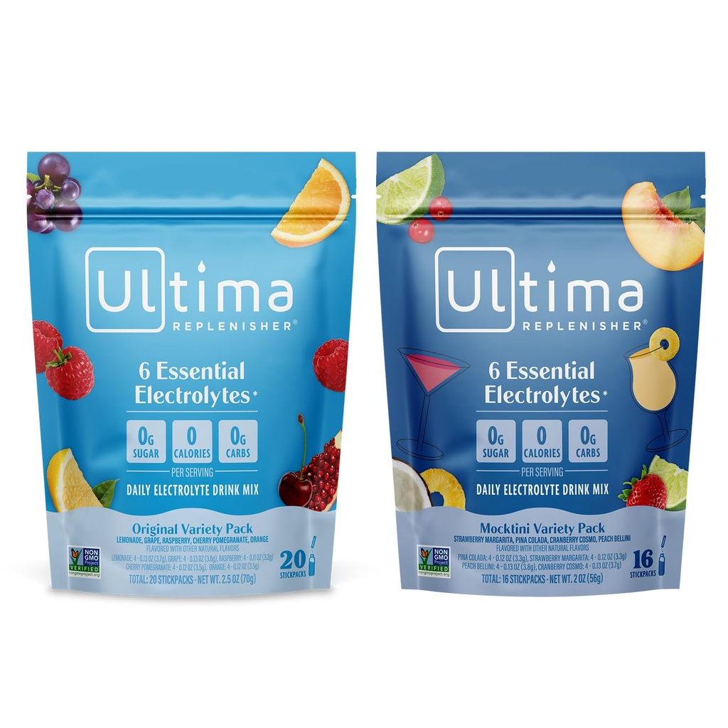 Ultima Replenisher Daily Electrolyte Powder Drink Mix - Sugar Free - Mocktini Variety og Original Variety, 36 stickpacks - Hydrering pakker med 6 Elektrolyter og mineraler - Keto, Non- GMO