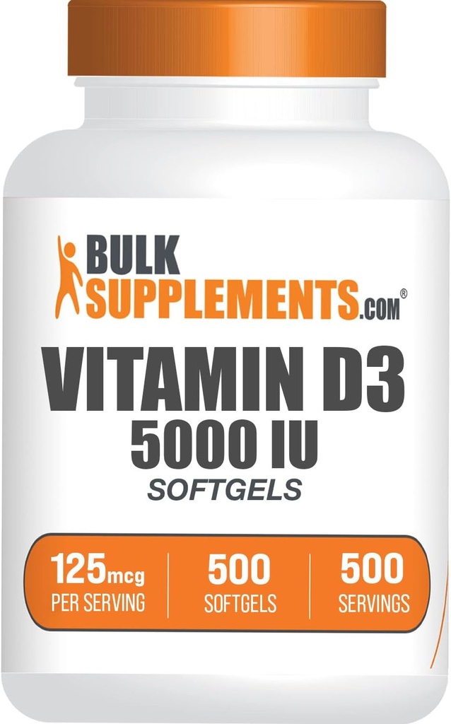 BulkSupplements.com vitamin D3 5000IE Softgels - Cholecalciferol, D3 Supplement, vitamin D 5000 IE - 1 vitamin D3 Softgel (125mcg af D-vitamin) per servering, 500 Count (pakke med 1)