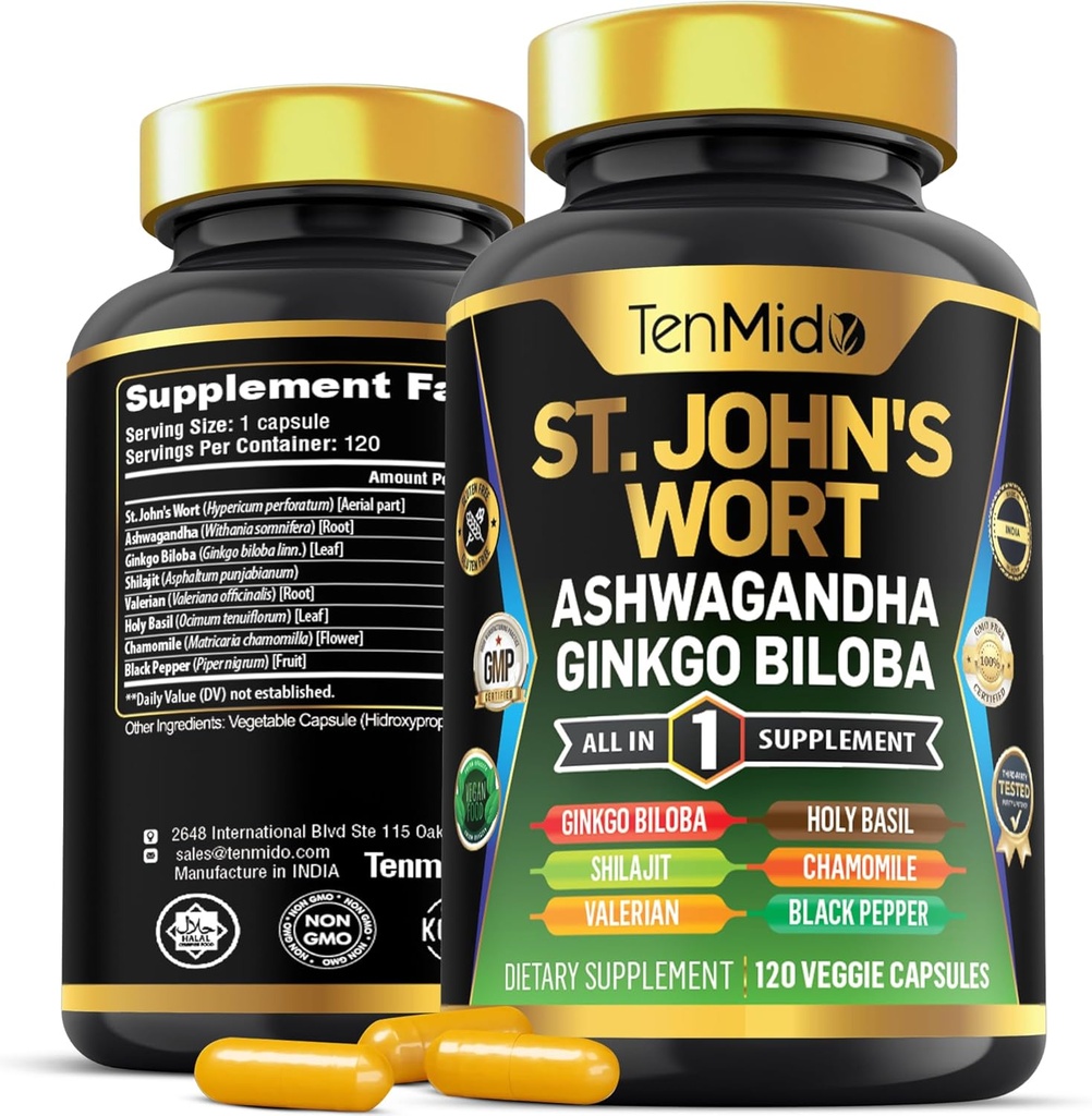 St.John 's Wort Supplement - 8in1 Formel - Kombiner med Ashwagandha, Ginkgo Biloba, Shilajit, Valerian, Holy Basil, Kamille, og Black Pepper - 120 Veganske kapsler til 4 Måneders forsyning