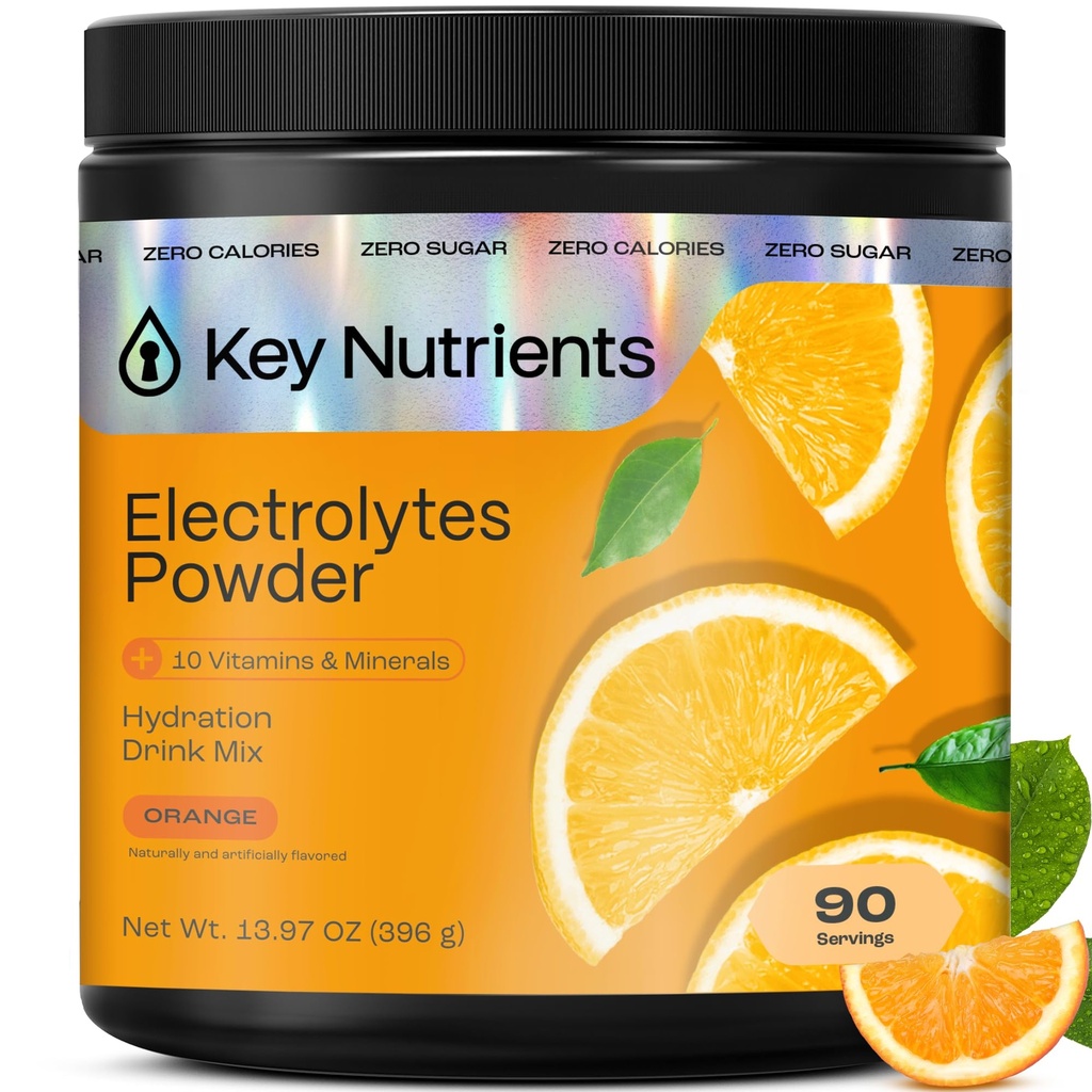 KEY NUTRIENSER Multivitamin Electrolytes Powder No Sugar - Tangy Orange Electrolyte Powder - Endurance & Energy Supplement - Hydration Powder - Ingen kalorier - 90 Servering - Made in USA