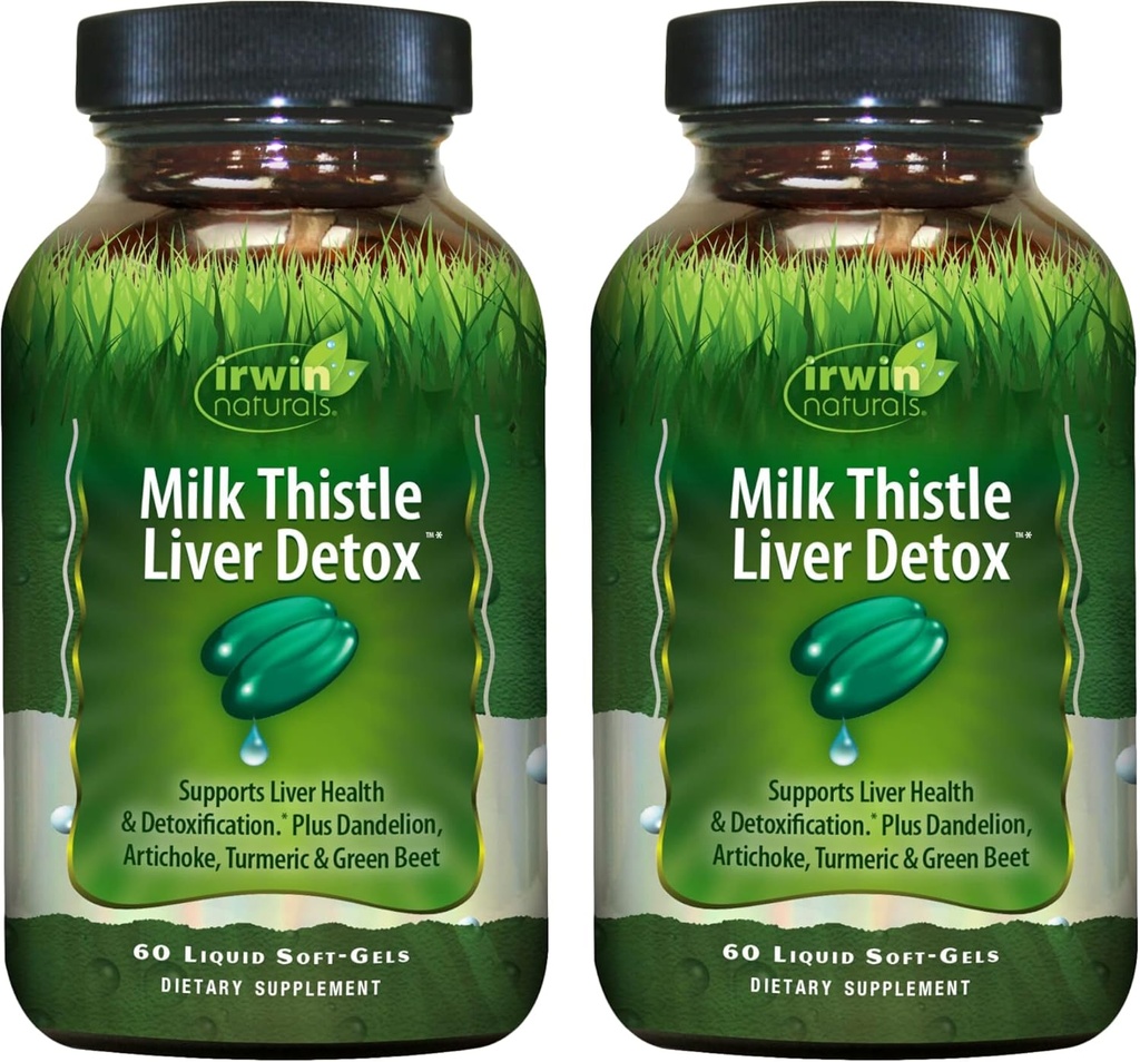 Irwin Naturals Milk Thistle Lever Detox - 60 Flydende Soft- Gels, Pack of 2 - Understøtter leversundhed med Mælkebøtte, Artiskok, Gurkemeje & Grønne Beet Root - 60 Total Servering