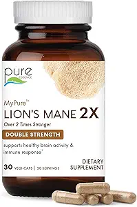 PURE VÆSENTLIGE ETIKER MyPure Lions Mane 2X - Dobbelt styrke Brain Support Supplement med 100% Organic Fruiting Body Lions Mane for Cognitive Health, Focus, Memory & Mental Clarity, 60 kapsler