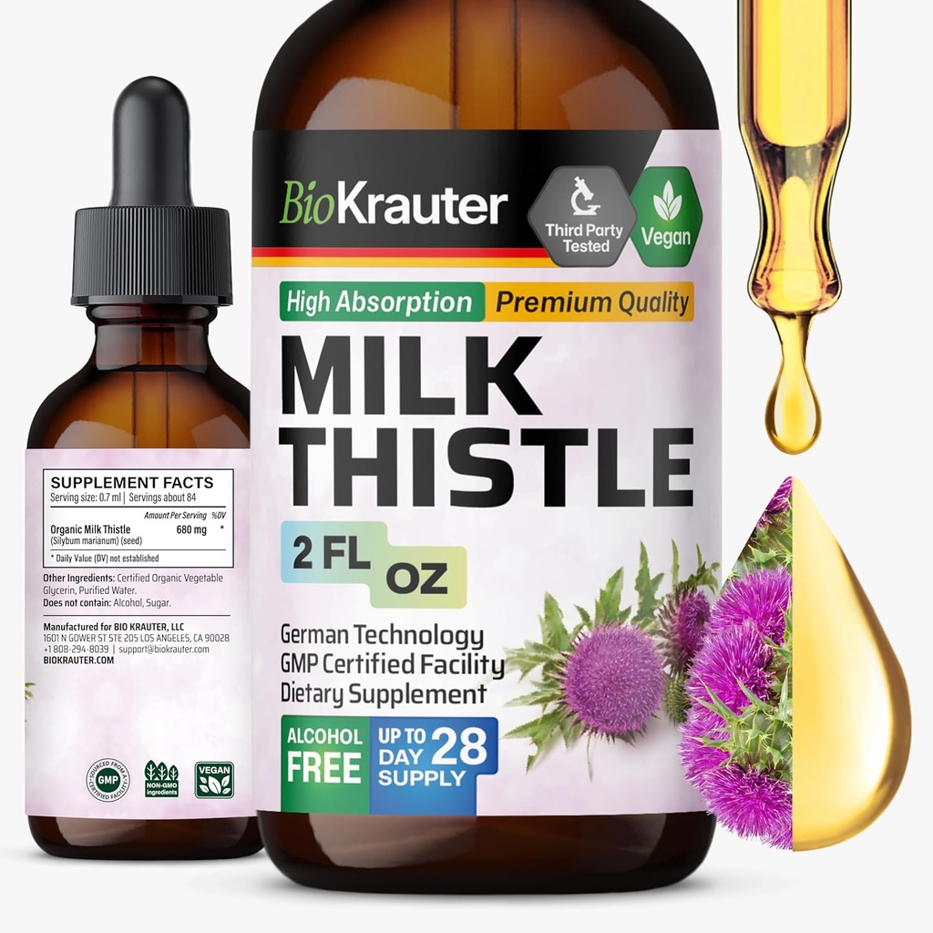 BIO KRAUTER Milk Thistle Liquid Drops - Milk Thistle Silymarin Lever Support - Alkohol & sukker gratis tinktur for lever rense Detox - 2 Fl. Oz.