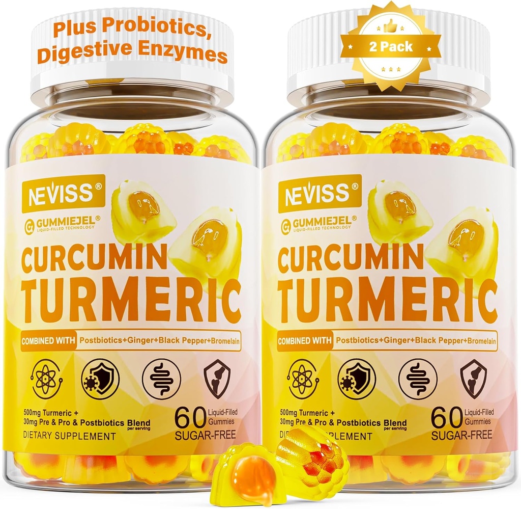 Sugar Free Gurkemeje Curcumin Fyldt Gummy 550mg til voksne, Ingefær & Sort Pepper Budd124; 95% Curcuminoids w / Prebiotic Probiotic & Postbiotic Blend, Support, Immun & fordøjelsessygdomme, Vegan, 2Pack