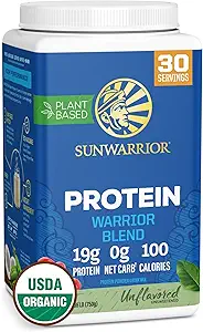 Vegan Organic Protein Powder Plant-based | BCAA Amino Acids Hemp Seed Soy Free Dairy Free Gluten Free Synthetic Free NON-GMO | Unflavored 30 Servings | Warrior Blend by Sunwarrior