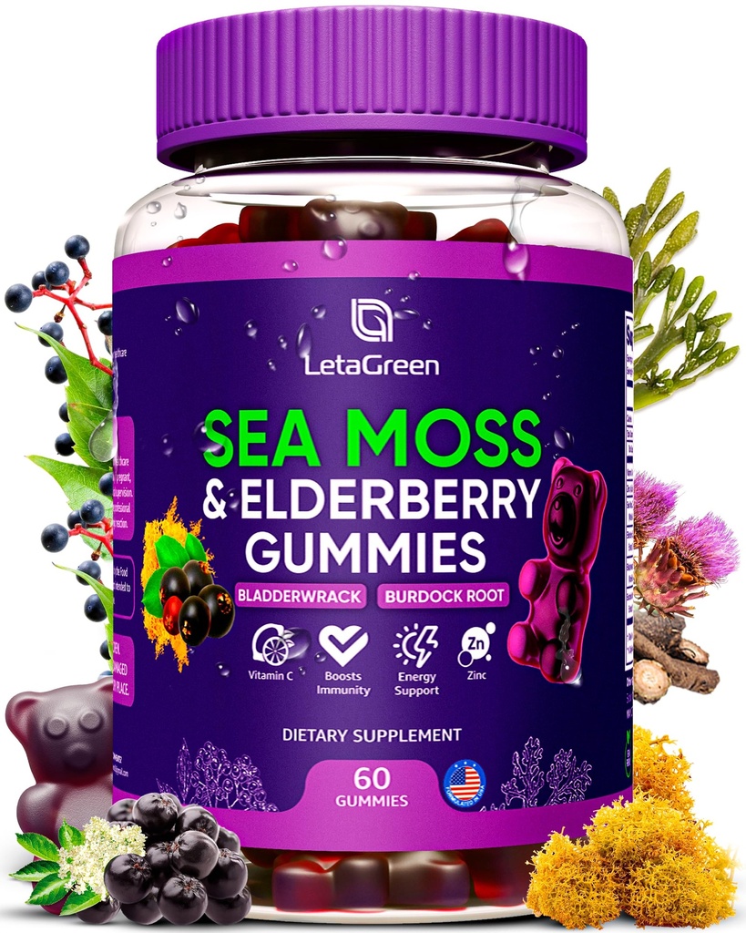 Irish Sea Moss Gummies - Bladderwrack Burdock Root Elderberry Vitamin C & Zink - 60 Vegan Seamoss Gummy Bears for voksne børn Mænd Kvinder - Multimineral Elderberry Vitamin