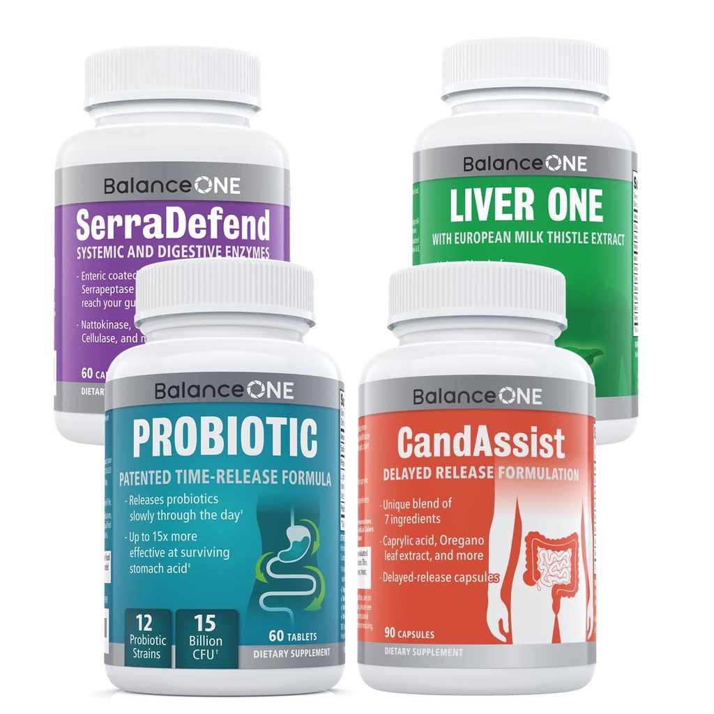 Balance ONE 4- in-1 Bundle Note 124; Probiotisk, CandAssist, Lever One, SerraDefend Note 124; 15 Millioner Probiotiske Buddy 124; Natural Cleanse with Capstasy Acid