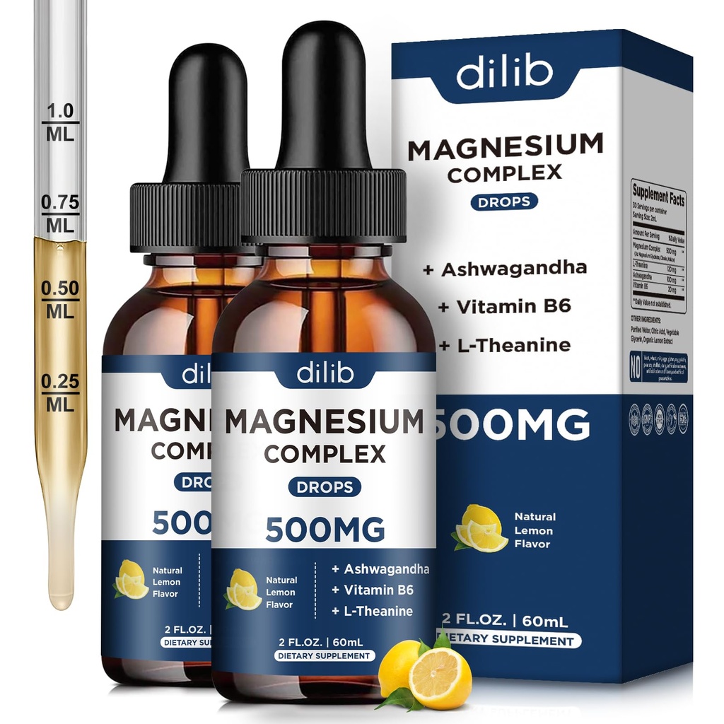 (2 Pack) Magnesium Glycinat, Citrate, Malate Liquid Drops - Triple Magnesium Complex Supplement 500mg med Ashwagandha, L- Theanin, B6- vitamin Support Calm, Stress Relief, Sleep, Muscle- Lemon Flavor