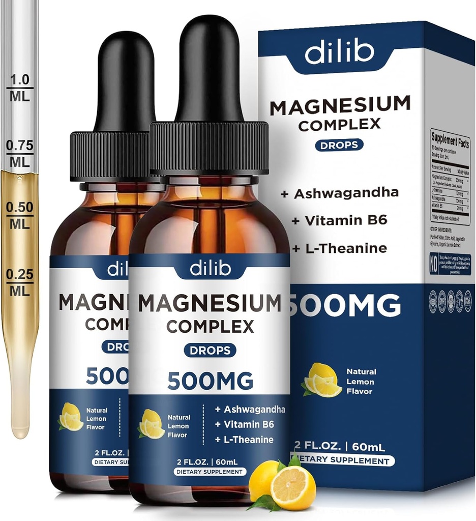 (2 Pack) Magnesium Glycinat, Citrate, Malate Liquid Drops - Triple Magnesium Complex Supplement 500mg med Ashwagandha, L- Theanin, B6- vitamin Support Calm, Stress Relief, Sleep, Muscle- Lemon Flavor
