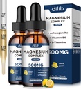 (2 Pack) Magnesium Glycinat, Citrate, Malate Liquid Drops - Triple Magnesium Complex Supplement 500mg med Ashwagandha, L- Theanin, B6- vitamin Support Calm, Stress Relief, Sleep, Muscle- Lemon Flavor