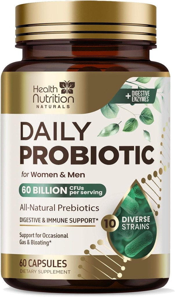 Probiotika 60 Millioner CFU + 10 Strops - Daglig Probiotisk Lactobacillus Blend til immunforsvar, fordøjelse & Gut Health Support, Prebiotika og Probiotika, Gas & Bloating for Kvinder & Mænd - 60 Kapsler
