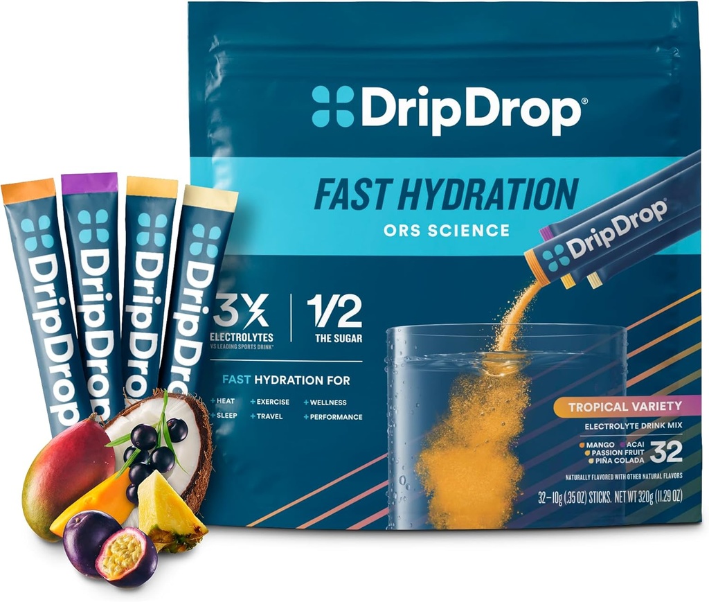 DripDrop Hydration Pakker - Tropical Variety Pack - Single Serve Electrolytes Powder Drink Mix - Mango, Açaí, Passionsfrugt, Piña Colada - Non- GMO, Gluten Free, Vegan - 32 sticks