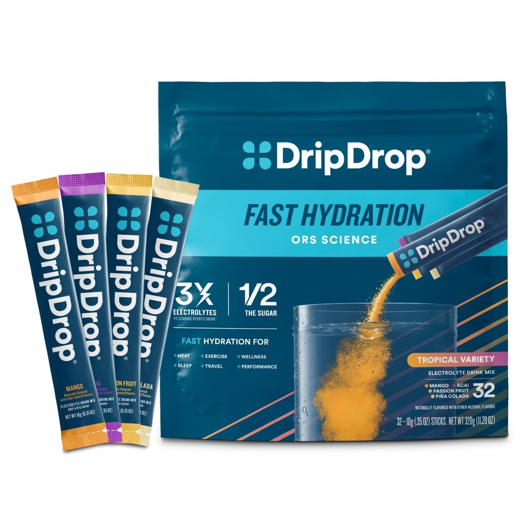 DripDrop Hydration Pakker - Tropical Variety Pack - Single Serve Electrolytes Powder Drink Mix - Mango, Açaí, Passionsfrugt, Piña Colada - Non- GMO, Gluten Free, Vegan - 32 sticks