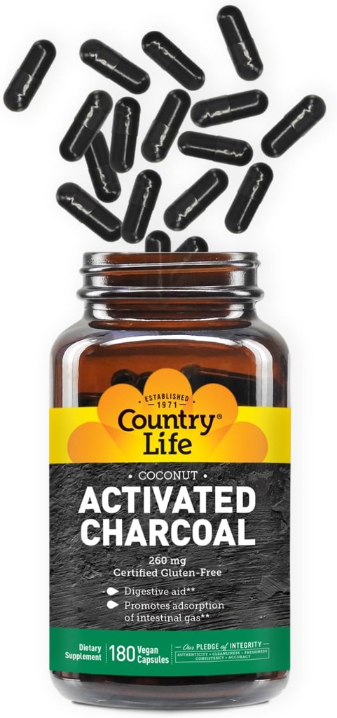 Country Life Aktiveret Organic Coconut Charcoal Capsules, 260mg - Natural Charcoal Supplement for Gas and Bloating Relief, Gluten- Free, 180 Vegan Capsules