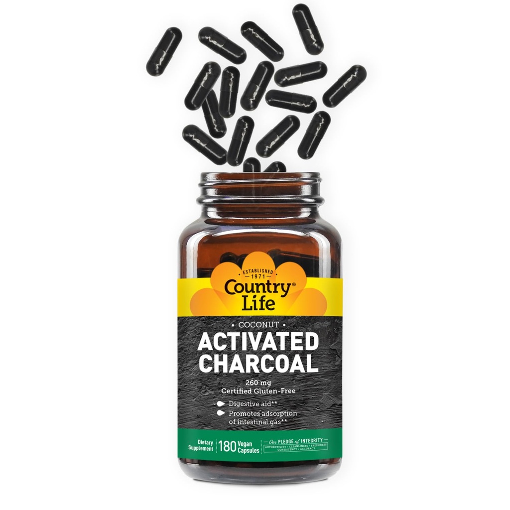 Country Life Aktiveret Organic Coconut Charcoal Capsules, 260mg - Natural Charcoal Supplement for Gas and Bloating Relief, Gluten- Free, 180 Vegan Capsules
