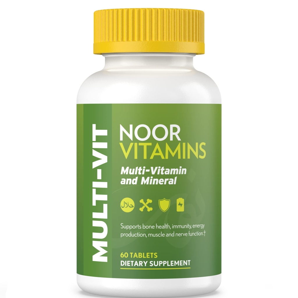 Noor Vitamin Halal Vitamin, Daglig Multivitamin, Halal Vitamin til kvinder og mænd, 30 Vitamin & Mineraler, A, B12, C, Jern, Zink til støtte for den generelle sundhed, Non- GMO, Halal Multivitamin (2 måneder Tilgang)
