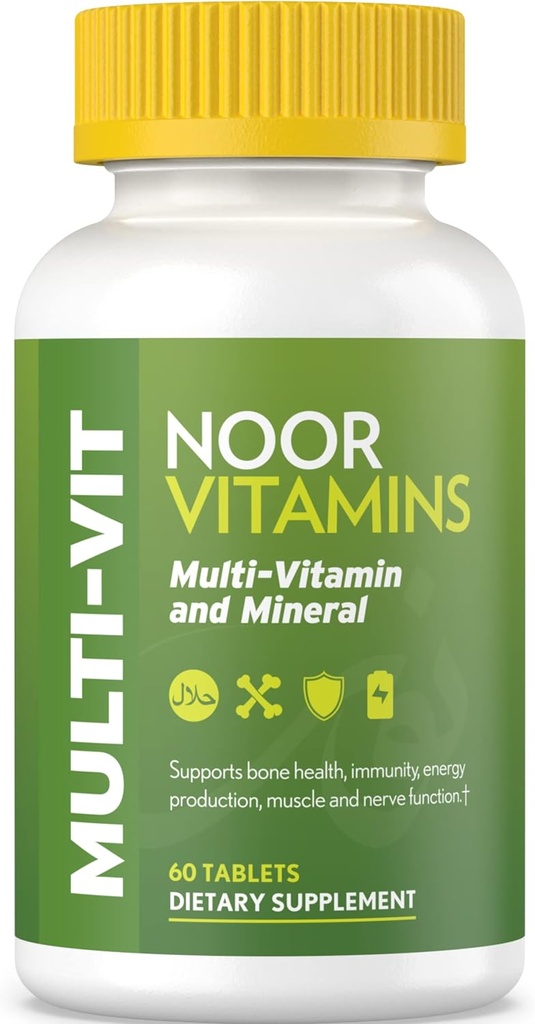 Noor Vitamin Halal Vitamin, Daglig Multivitamin, Halal Vitamin til kvinder og mænd, 30 Vitamin & Mineraler, A, B12, C, Jern, Zink til støtte for den generelle sundhed, Non- GMO, Halal Multivitamin (2 måneder Tilgang)