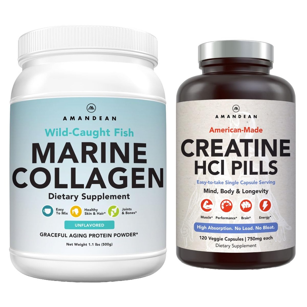 AMANDEAN Premium Creatin HCl & Marine Collagen bundle. USA- Made CON- CRET. 7X Koncentreret. Wild-Fanget Hydrolyzed Fish Collagen Protein. Anti- Aging. Støtte Inddrivelse & Lean Muscle. Sund hud