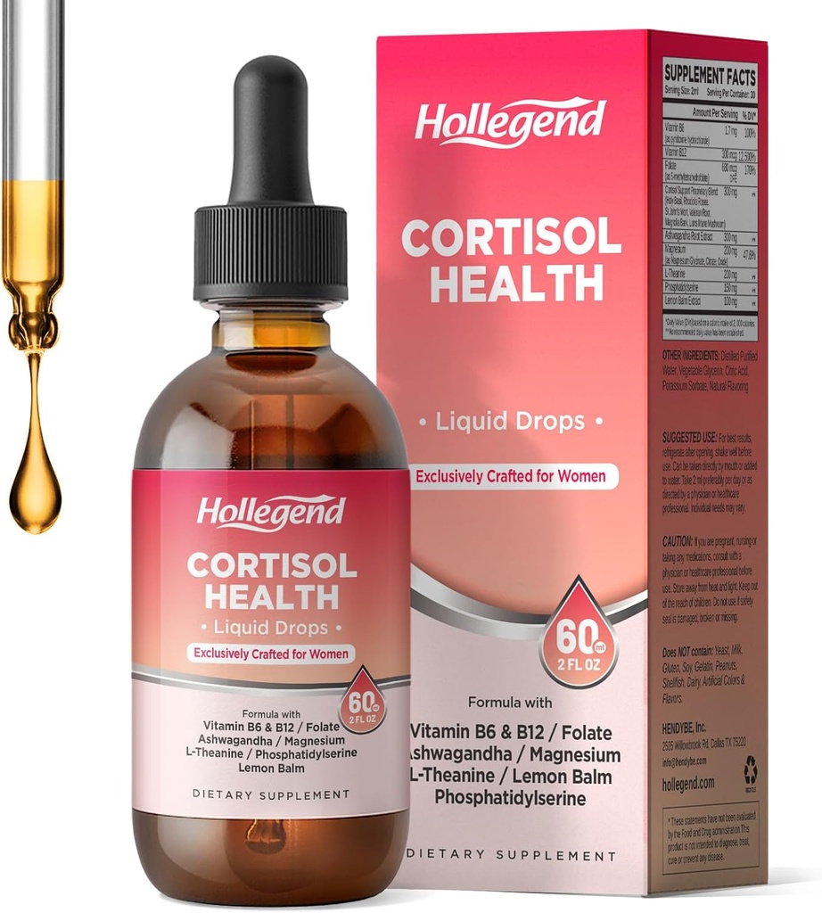 Cortisol Kosttilskud til kvinder, Cortisol Wellness Liquid Drops, 16 i 1 Cortisol Detox Reducer w. Ashwagandha, Magnesium, L- Theanine, Folate for Afslapning & Hormone Balance, Jordbær