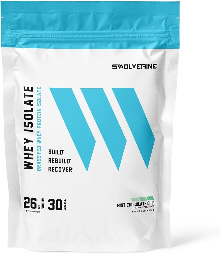 Swolverine Whey Protein Isolate Medic124; 26g Protein, Grass- Fed rBGH Free, Non- GMO, Tilføjet fordøjelsesenzymer (30 Servere, Mint Chocolate Chip)